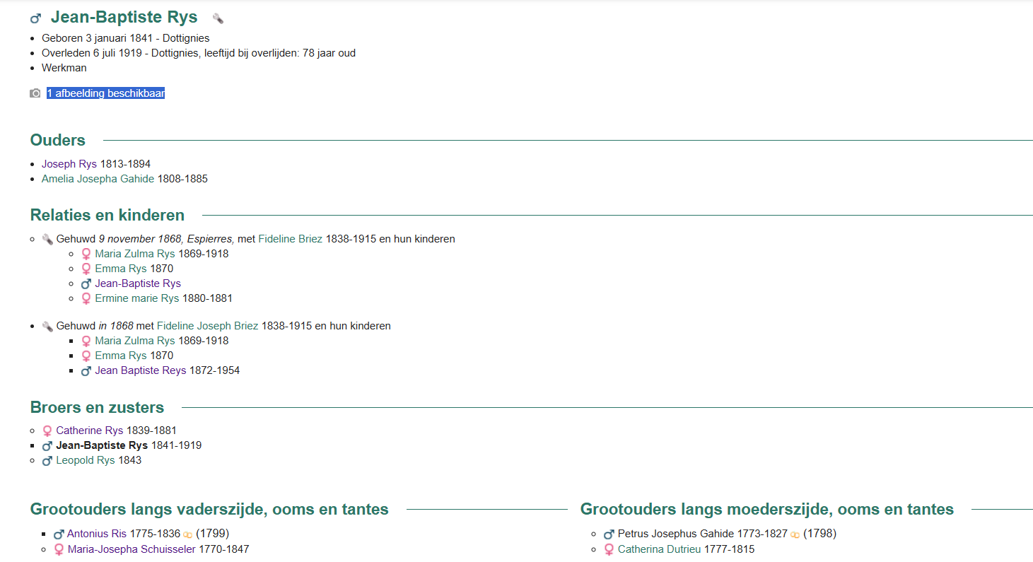 Fiche Jean-Baptiste Rys 1841-1919. Klik voor Geneanet
